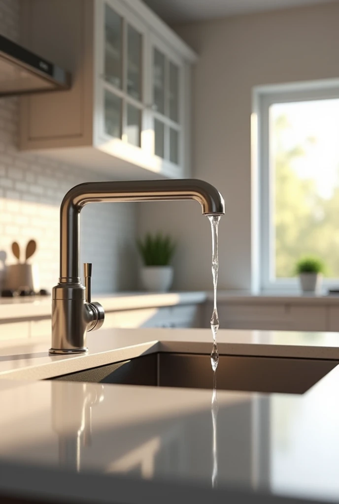 an animation of a kitchen and inside A faucet in the kitchen, with a drop of water about to fall.