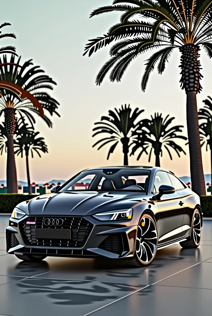 Photo of Audi S5 8t Facelift like Rolls Royce the upper half black the inner half grey. The whole car should be visible, the view from the side front, mot palm trees in the background