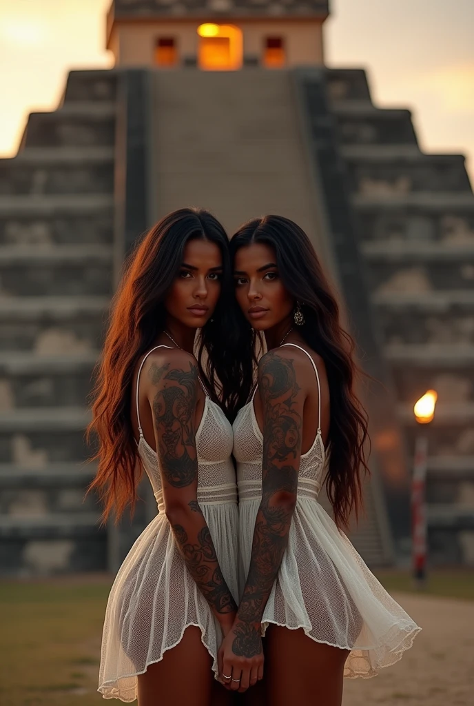 full body photo of two dark-skinned tattooed young women, twins, with long hair and brown eyes, dressed only in a short white net dress, they are standing in front of a torch-lit Mexican pyramid