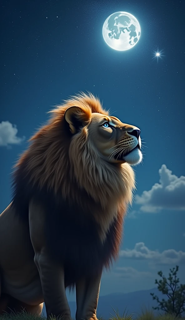 Create an ultra realistic 8k image of a big and beautiful strong lion with blue eyes looking up at the sky with a look of gratitude , the night , Focus on the lion's face