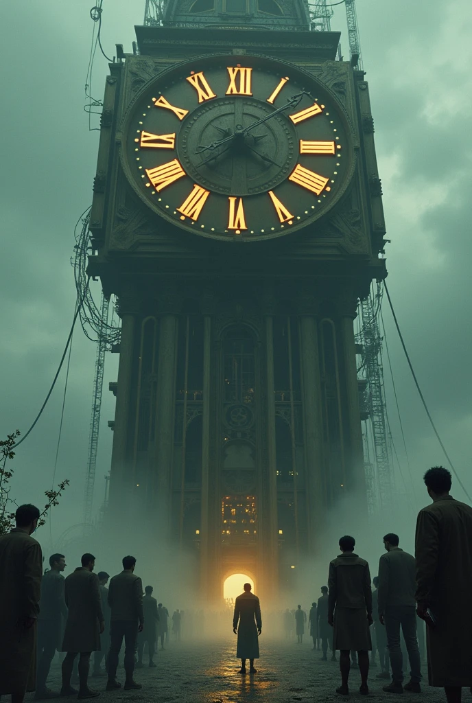 Animation of a giant clock surrounded by human slaves each watching a cell phone 