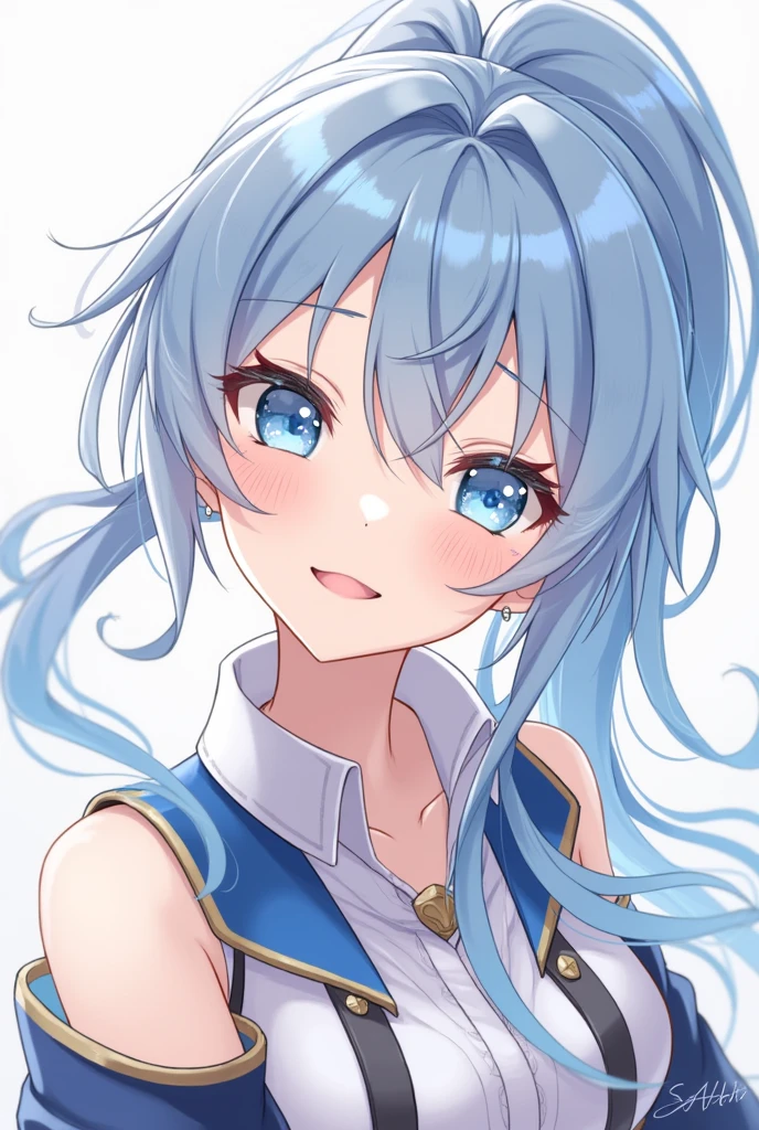 (head of&#39;artwork), (Best quality), (ultra detailed),(disheveled hair),(illustration), (1girl), standing, smiling, beautiful detailed eyes, light blue eyes, beautiful detailed face, (Kamisato-Ayaka: 1.2), Focus on the face,  ponytail, Kamisato-Ayaka(impact genshin), light blue hair, Detailed hair, Fringe, Better lighting, best shadow, very detailed, vibrant