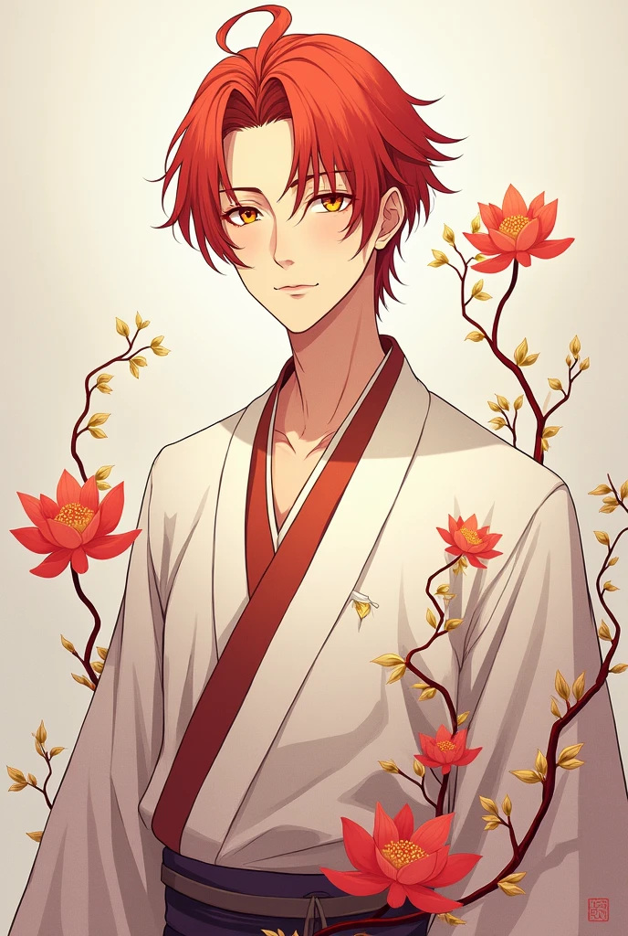 A kind and gentle man between  with red hair and orange/brown eyes. he wears a white haori with red lotus flower patterns. The flowers are scattered in a way that creates an elegant and balanced effect, accompanied by fine vines and twigs in dark red and gold tones that intertwine around the flowers. The style of character has to be similar to kimetsu no yaiba.