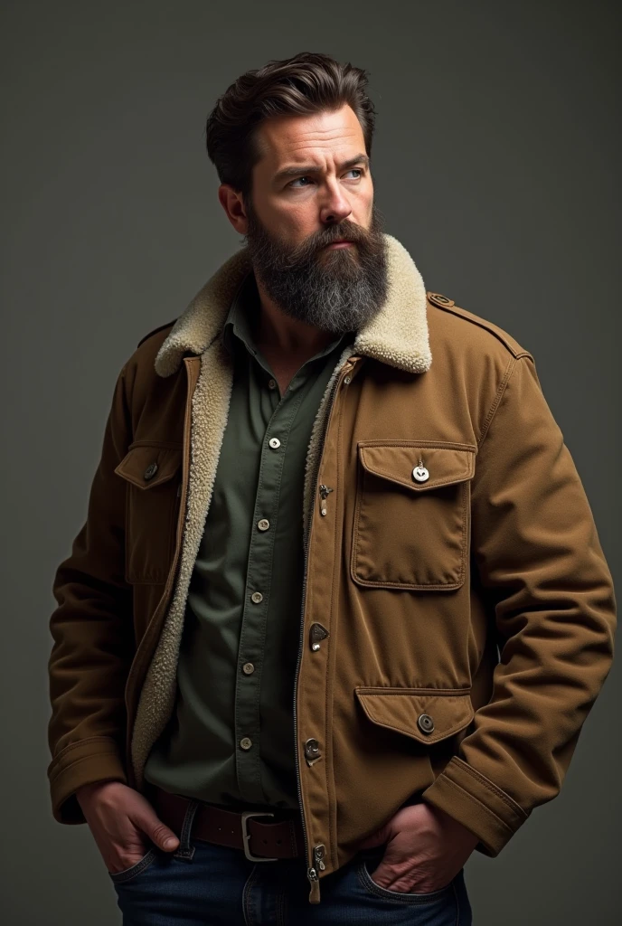 a 35-year-old white man, beard,with a brown jacket