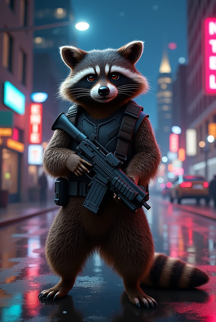 Rocket Raccoon realistico a Los Angeles California di notte