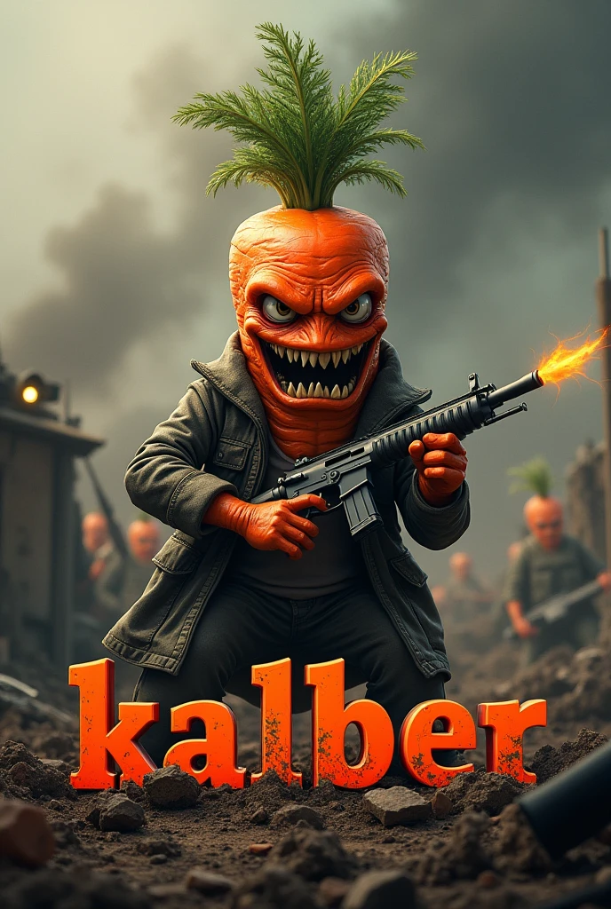 Evil Carrot holding a gun, battlefield background,with the word kaliber under it in big orange letters, hyper realism, logo