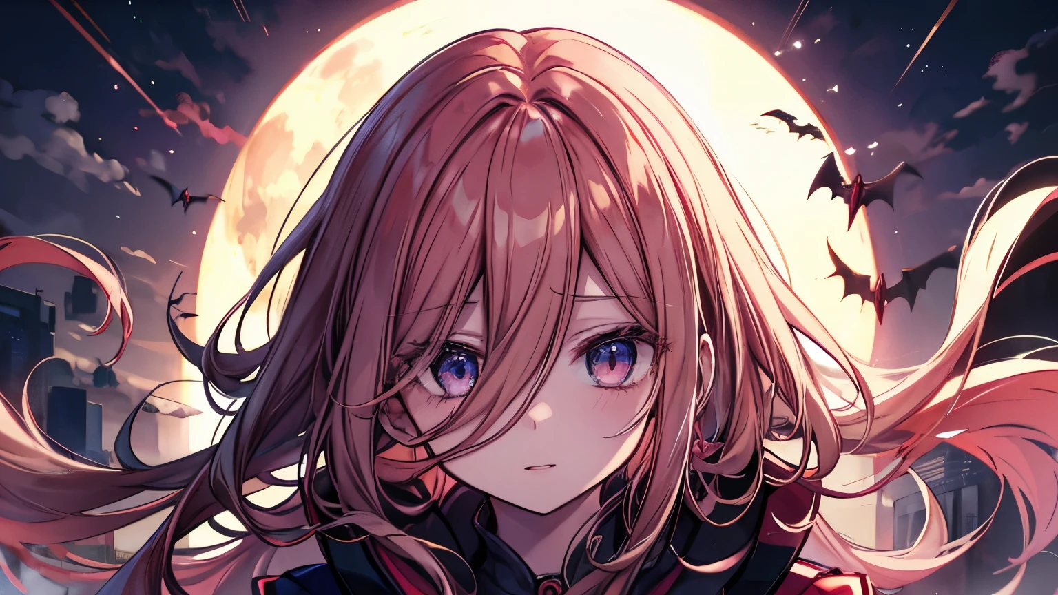 (mesa), red pupils, Very cute vampire girl, Beautiful, Profundo at night, Windswept and cloudy, Overlooking a high perspective., at night, Light floating over the sky.