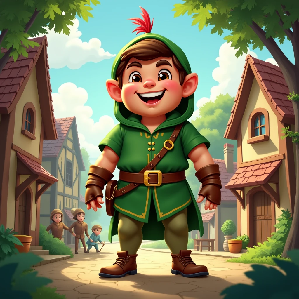 Bright shining and Smiling big Robin Hood looking to the camera in a big village