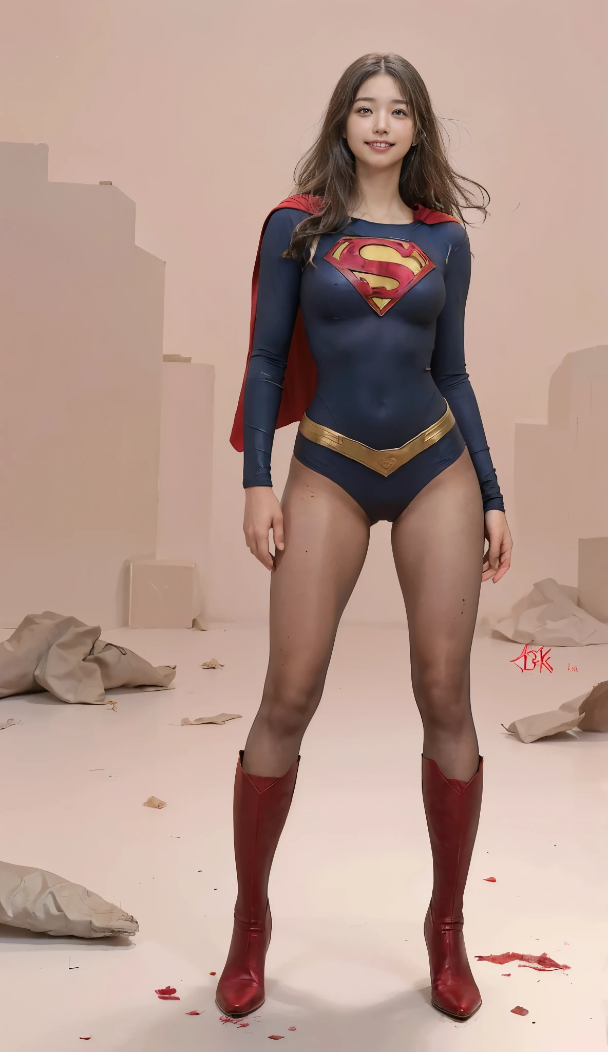 No background、(((Beautiful legs in black tights.)))、(((Legally express the beauty of your smile)))、((((Make the most of your original images)))、(((Supergirl Costume)))、(((Beautiful Hair)))、(((suffering)))、(((Please wear black tights....、Wear red boots)))、((Best image quality、8k))、((Highest quality、8k、masterpiece:1.3))、(((Preserve background )))、Sharp focus:1.2、Beautiful woman with perfect figure:1.4、Slim Abs:1.2、Wet body:1.5、Highly detailed face and skin texture、8k