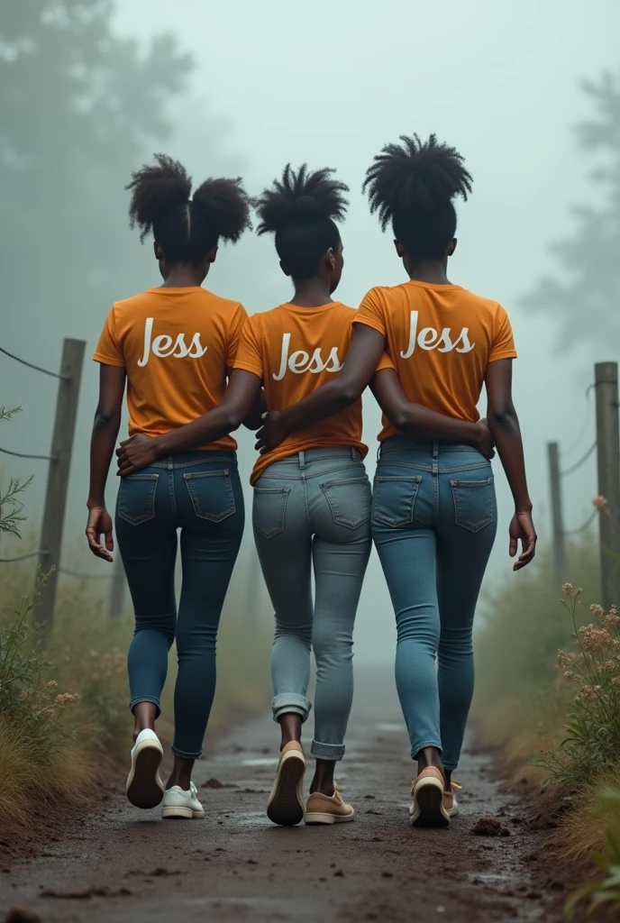 Trois jeunes filles noirs , avec des cheveux crépus peignés en chignon avec des t-shirt qui sont écrits JESS qui marchent dans un chemin plein d'obstacles et accompagné d'un brouillard mais le plus important c'est qu'elles s'aident mutuellement et s'aiment beaucoup et malgré les obstacles elles avancent vers leurs avenirs 