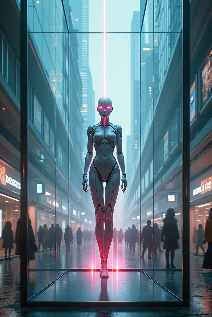 Lady Ai with laser eye inside glass building with people describe them images and robot in wide screen