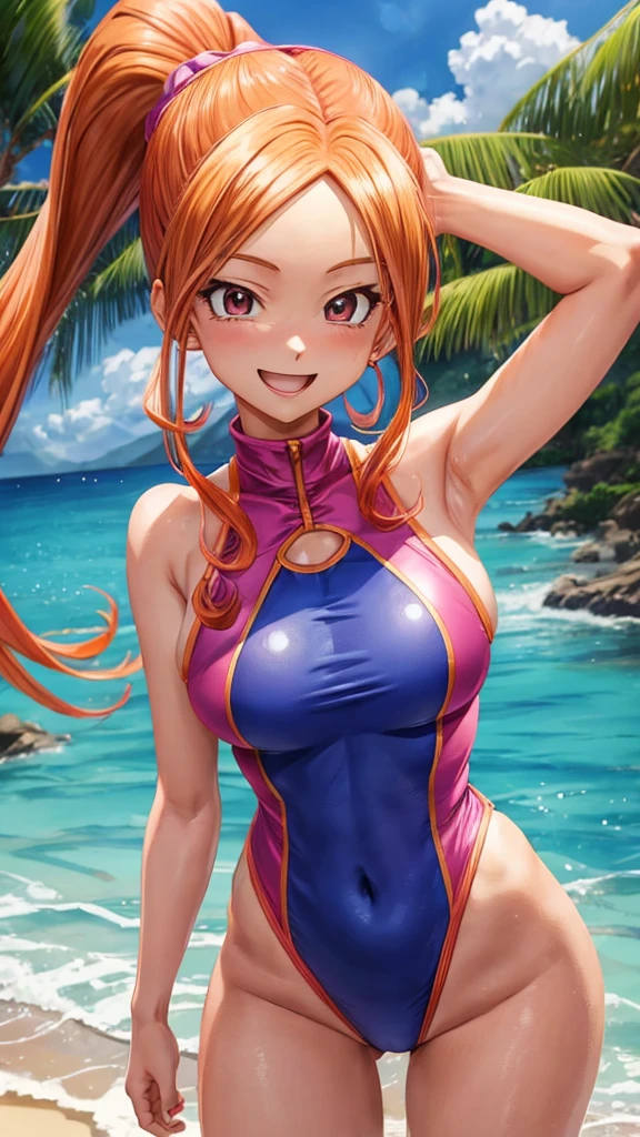 Jessica Albert (Dragon Quest), Jessica Albert, 1 woman, pink high leg one piece swimsuit, short pigtails, orange hair showing forehead, beautiful, masterpiece, best quality, smiling face, looks in the eye of the beholder, 