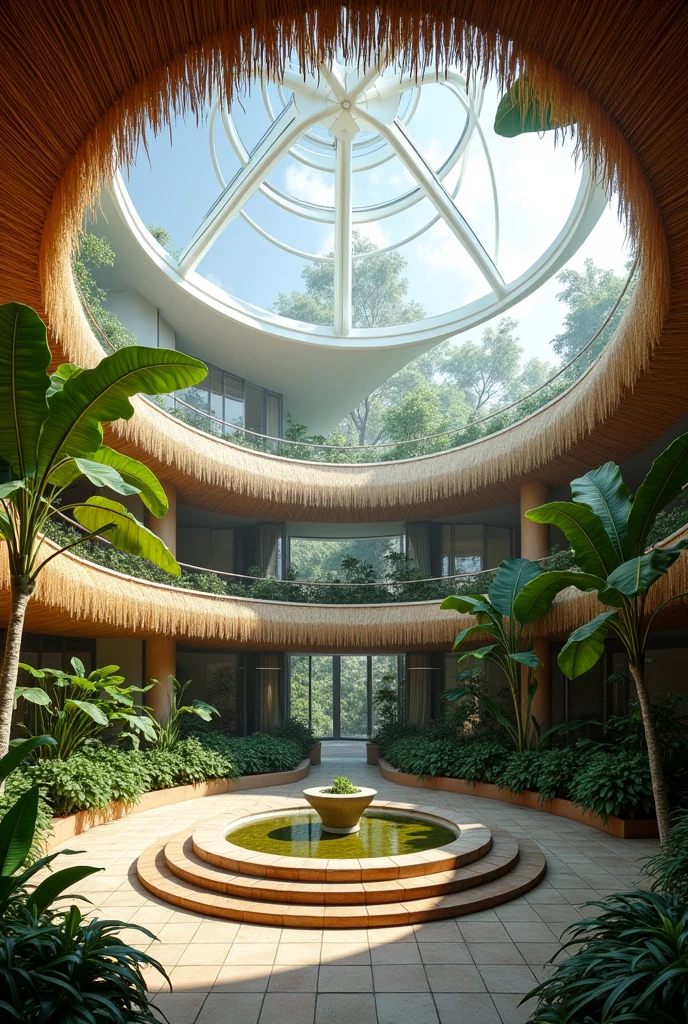 Polycarbonate skylight in a large circular courtyard of a hospital with a quadruple height where it is noticeable that the roof is made of straw.
The location of this hospital is in the Peruvian jungle
