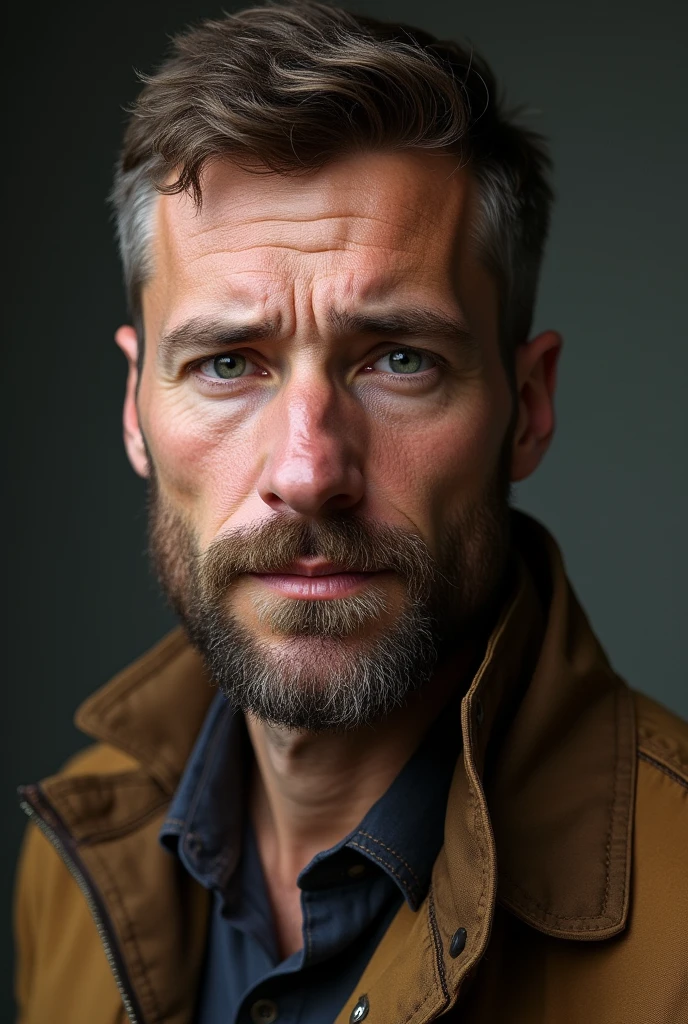 a 35-year-old white man, short bearded,with a brown jacket
