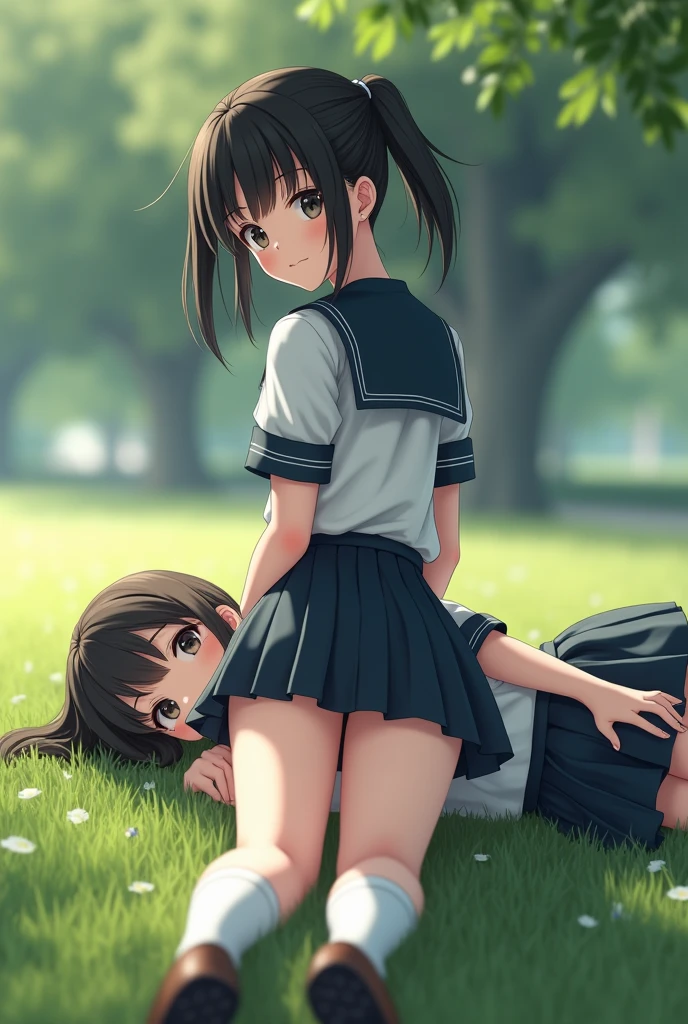 Neat and cute girl,japanes,(())、(Diagonal rear view)、a miniskirt、Neat sailor suit、White High Socks、Loafer shoes、Balanced eyes、 (Best Quality Detail:1.2)、realisitic、16K High Resolution、The ultra-detailed、High quality textures、intricate detailes、Very detailed CG、High quality shadows、Detail Beautiful delicate face、(Detail Beautiful delicate eyes:1.32)、depth of fields、Ray Tracing、(Beautiful 11 year old cute Japan woman:1)realisitic、超A high resolution、masterpiece、Full Body Display、s asleep,Two girls in uniform lying on grass in park、Slimed,Erotic Poses,(( Sensual look)),Show your legs wide open,(Shy look)、(Lori's Schoolgirl),wetted skin!!、Spread legs、Raise your hips high,Float your hips high、Close-up from the front、goddess of Japan、A darK-haired、((See-through school uniform)),((See-through uniforms)),Opening legs、smooth translucent white skin、((hug from behind)), Japan school uniform, seifuku, japanese girl school uniform, wearing japanese school uniform, Sailor Uniform, Twin-tailed, Kantai Collection Style, Wearing school uniform, Dressed in uniform、Wearing school uniform, ((JK Uniform)), official artwork, School uniform, a-1 pictures,(Full Body Display),Suppin, cameltoe