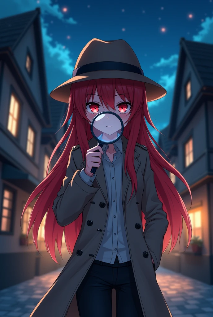 Anime character girl with long red hair and red eyes dressed as a detective with a magnifying glass in her hand. In a village at night
