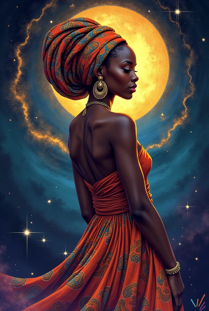 make a logo with space to put the company name. I want a woman who makes reference to the African mother religion with earrings, flared skirts and a turban