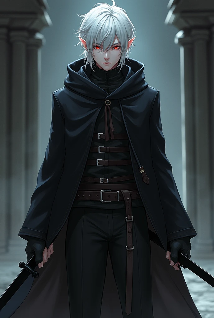 Dans un style d'animé un personnage d'Elf masculin à la peau et aux cheveux blanc avec des yeux rouges , et vêtu d'un long manteau noir ainsi que d'une capuche noir et d'une ceinture en cuir. Il porte deux dagues aux lames noires. Il a un aire presque menaçant