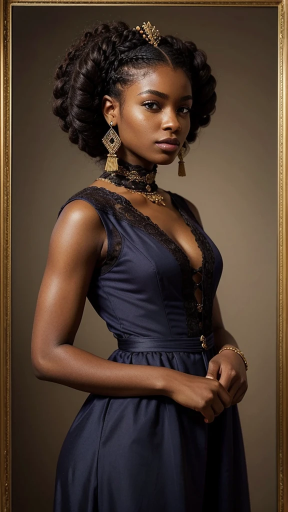 A young black woman wearing an elegant indigo regency era suit with a violet vest decorated with intricate lavander details, regency era, afro hair, black afro style braids, intricate hairstyle, dark skin, dark blue eyes, elegant, rich, Bridgerton, young face, regency era ball, red and gold background color scheme, noblewoman, regency era, victorian era, (((brown skin))), black woman, proud, beautiful, painting,
