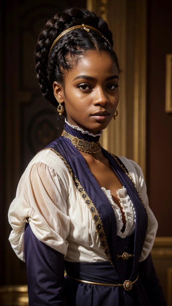 A young black woman wearing an elegant indigo regency era suit with a violet vest decorated with intricate lavander details, regency era, afro hair, black afro style braids, intricate hairstyle, dark skin, dark blue eyes, elegant, rich, Bridgerton, young face, regency era ball, red and gold background color scheme, noblewoman, regency era, victorian era, (((brown skin))), black woman, proud, beautiful, painting, 