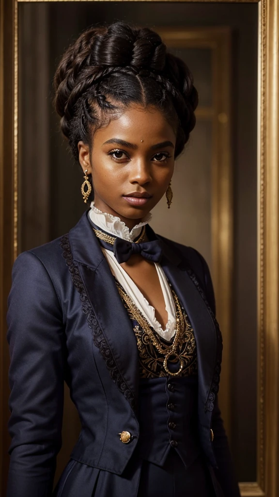 A young black woman wearing an elegant indigo regency era suit with a violet vest decorated with intricate lavander details, regency era, afro hair, black afro style braids, intricate hairstyle, dark skin, dark blue eyes, elegant, rich, Bridgerton, young face, regency era ball, red and gold background color scheme, noblewoman, regency era, victorian era, (((brown skin))), black woman, proud, beautiful, painting,