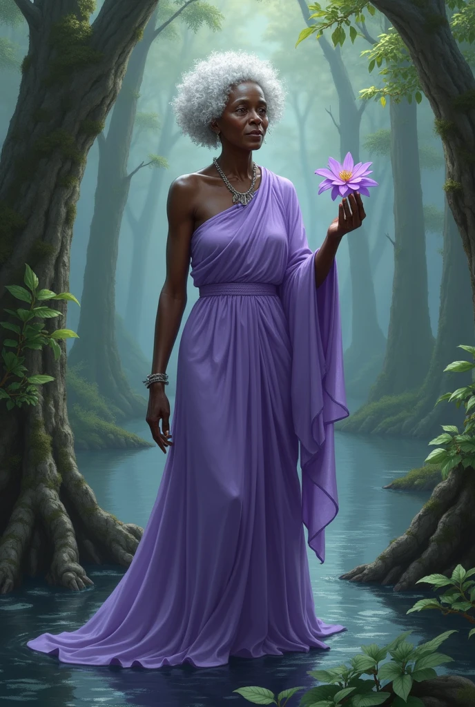 Black woman Orisha, old woman, short white curly hair, lilac dress, with a lilac flower in her hand in the middle of a swamp