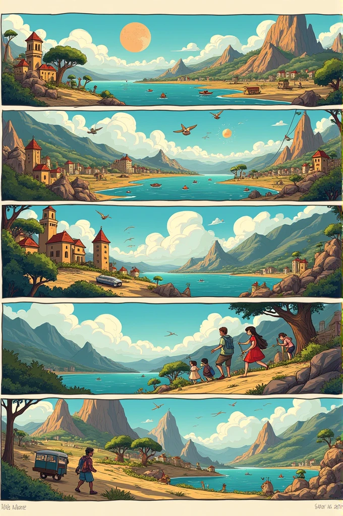 Create a comic strip where the geographical principles are applied in 12 or more frames