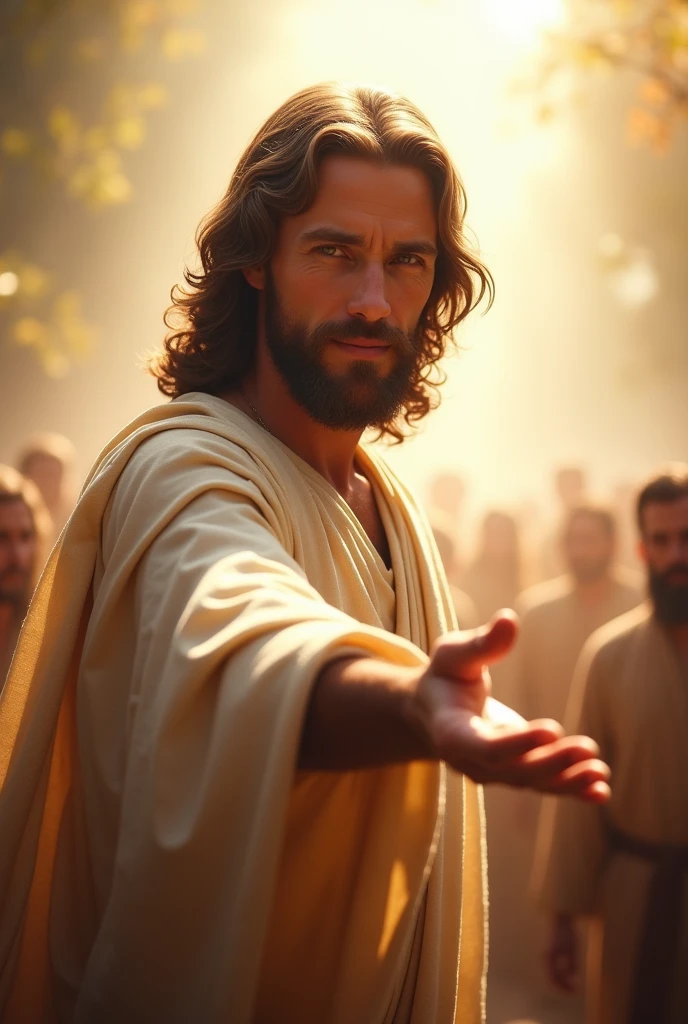 Create an inspiring and touching image of Jesus extending his hand to the people. Jesus should be depicted with a loving and compassionate expression, wearing traditional, light-colored robes.