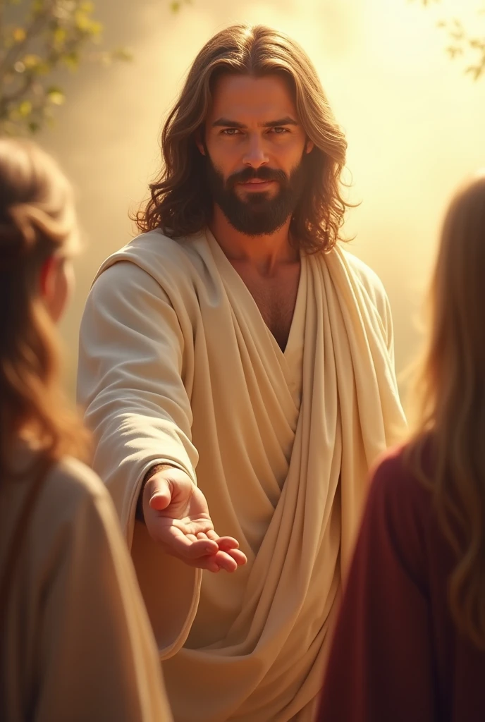 Create an inspiring and touching image of Jesus extending his hand to the people. Jesus should be depicted with a loving and compassionate expression, wearing traditional, light-colored robes.