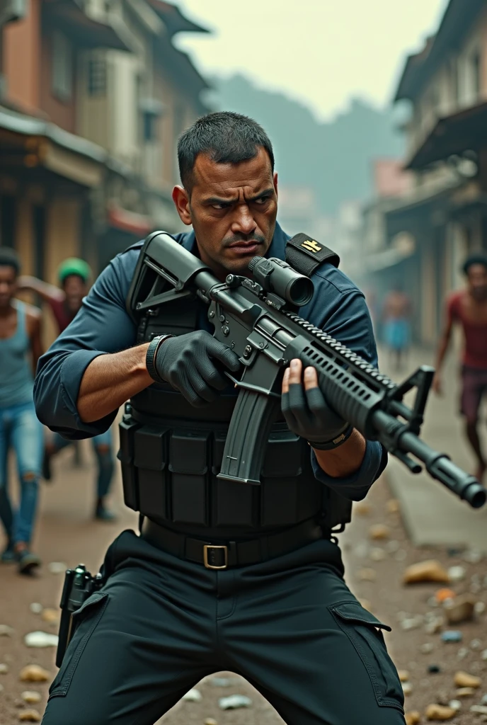 Brazilian police officer, uniform, in swat type uniform, armed with rifle. police officer with marks and scars from old comforts. police officer with angry look. Strong cop. The police officer is in the middle of a shootout, in a favela. The favela is on a hill, with many alleys and lanes. The favela has a lot of trash scattered on the ground. In the scene you can see people running and screaming in fear.. The police officer is in an aggressive stance pointing his rifle in the direction of the criminals who are shooting at him.. Cinematic scene, high resolution image, work of art, ultra realistic style, ultra detailed image.