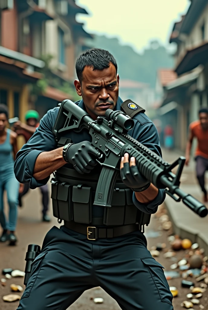 Brazilian police officer, uniform, in swat type uniform, armed with rifle. police officer with marks and scars from old comforts. police officer with angry look. Strong cop. The police officer is in the middle of a shootout, in a favela. The favela is on a hill, with many alleys and lanes. The favela has a lot of trash scattered on the ground. In the scene you can see people running and screaming in fear.. The police officer is in an aggressive stance pointing his rifle in the direction of the criminals who are shooting at him.. Cinematic scene, high resolution image, work of art, ultra realistic style, ultra detailed image.