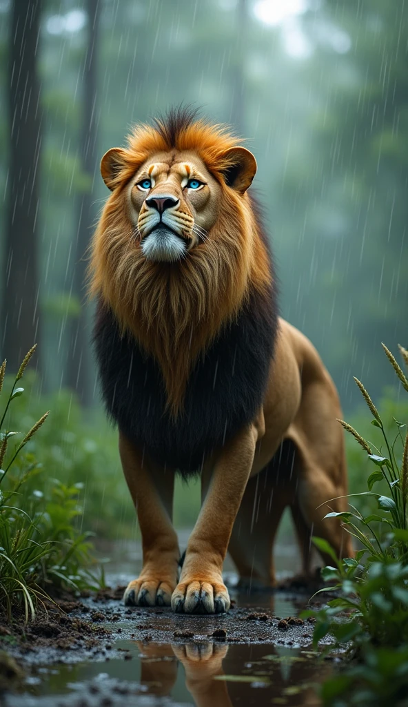Create an ultra realistic 8k image of a big and beautiful strong lion with blue eyes looking at the sky, raining, in a swamp