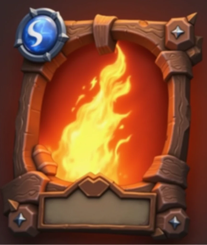 Design a 3D-stylized card frame with a rugged, ancient look, similar to the image provided. The frame should be thick, with prominent corners that give it a solid, fortified appearance. Use a dark, reddish-brown color for the base, resembling aged wood or tarnished bronze.
At the top center of the frame, include a small, shield-like emblem or notch, similar to the one in the image. The inner border of the frame should have subtle engravings, giving it a detailed, handcrafted feel. On the top-left corner, add a small, circular area for displaying numbers or icons, with a slightly raised, metallic look.
The frame should be designed to contain a vibrant, glowing central image, with space for text at the bottom. The text area should be bordered by thin, intricate lines, adding to the overall ancient and mystical theme. Make sure the frame has a worn, battle-tested feel, as if it's been through many epic encounters.