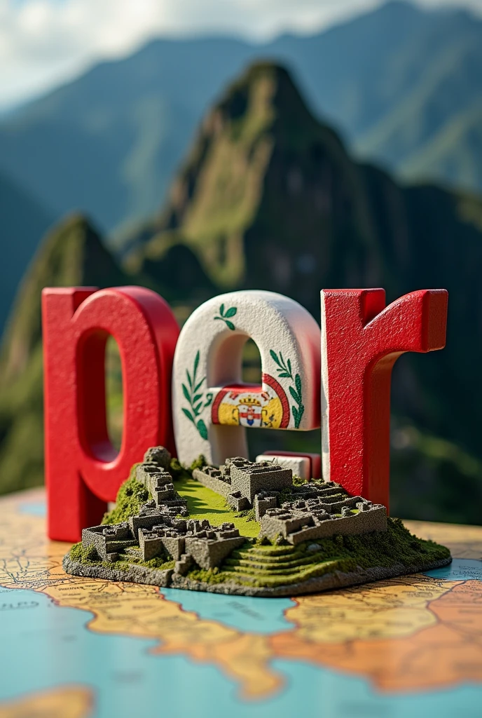 standing letters "PER" (very large) patterned with the 🇵🇪 flag, make sure the writing is clear and correct, miniature of machu picchu (foreground), very close up, map of Peru (bottomground)