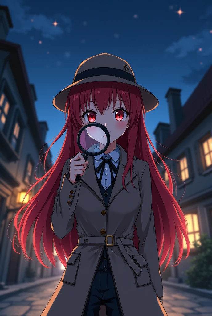 Anime character girl with long red hair and red eyes dressed as a detective with a magnifying glass in her hand. In a village at night