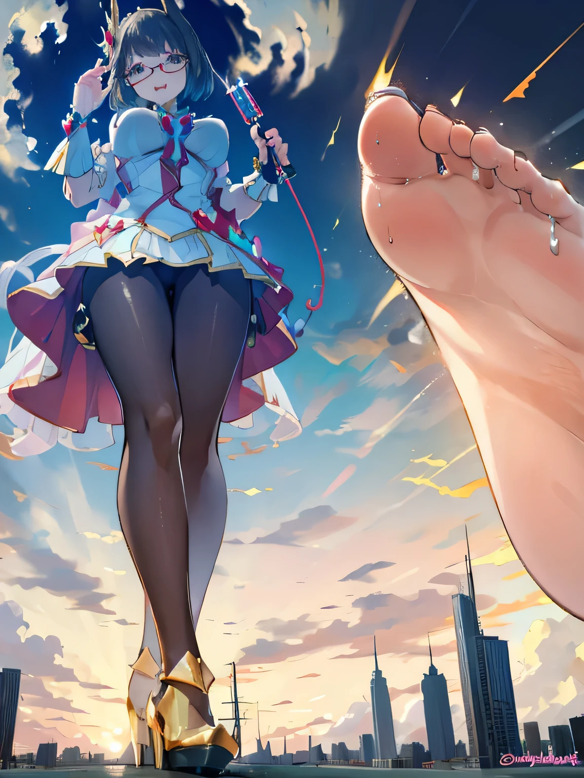 multiple girls, 3girls, standing, giantess art, highly detailed giantess shots, giantess, most detailed, perfect face, Two legs, Five fingers, short hair, A beautiful girl who is bigger than a skyscraper, Wearing rimless glasses, smile, huge breasts, magical girl dress, bow, magical girl, holding a magical wand, black pantyhose, stiletto heels, thunderbolt from a magical wand, seaside metropolis, numerous miniature warships on the sea, Destroying cities, Under heavy attack, A very small big city, Miniature metropolis, Full body description, GTS, giga giantess, gigagts, stomping city, crash city, tiny city, micro city, pantyhose feet, High resolution, highest quality, masterpiece, 