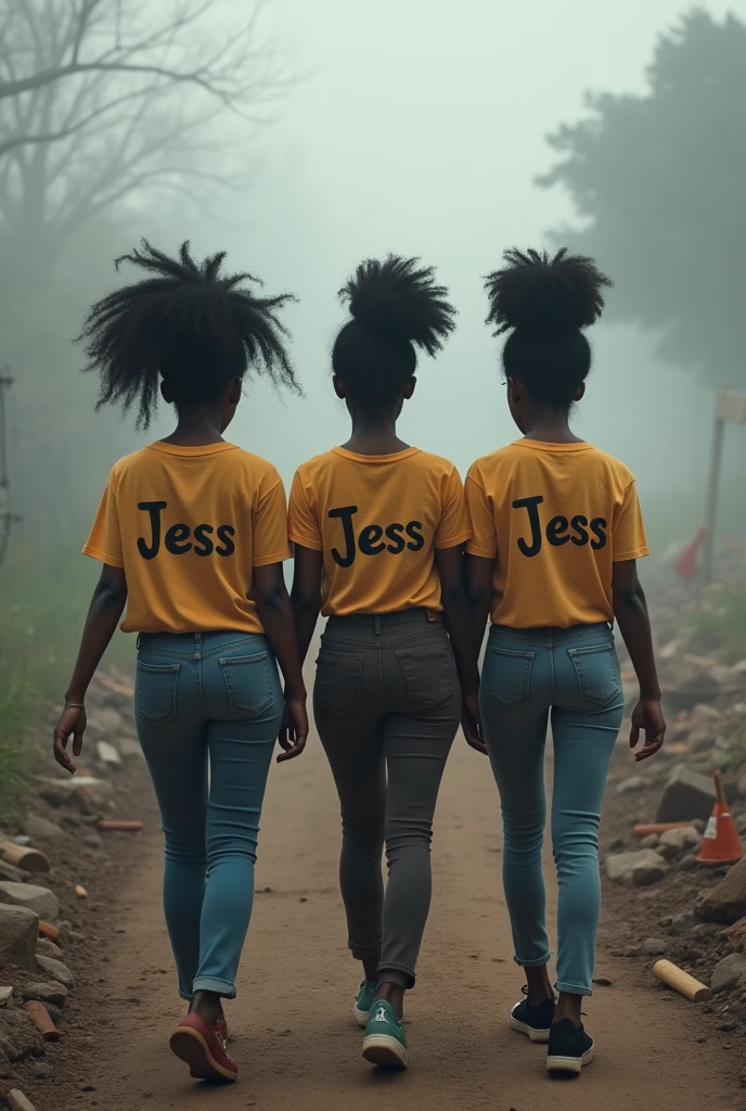 Trois jeunes filles noirs , avec des cheveux crépus peignés en chignon avec des t-shirt qui sont écrits JESS qui marchent dans un chemin plein d'obstacles et accompagné d'un brouillard mais le plus important c'est qu'elles s'aident mutuellement et s'aiment beaucoup et malgré les obstacles elles avancent vers leurs avenirs