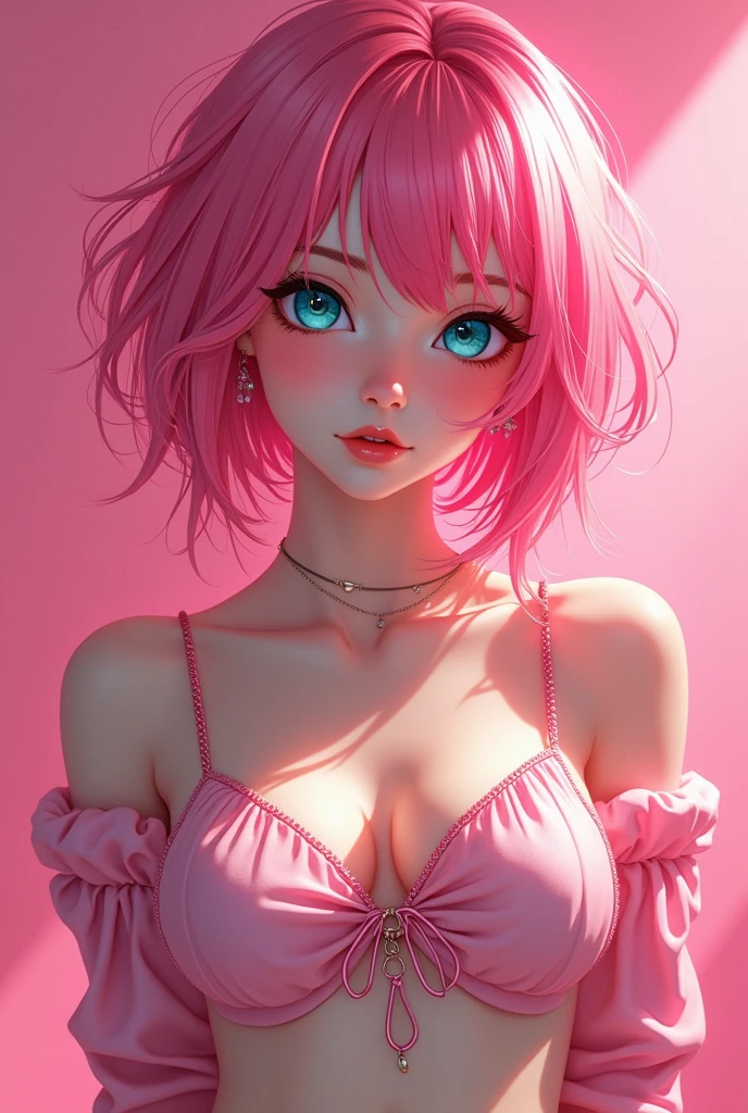 aqua eyes, pink hair, masterpiece, 1girl, big tits, elegant, vivd color, romanticism, arms behind back, street fashion, shiny skin, sexy pose, ((pink background)), heavy blushing, upper body, straight on, (cleavage), perfect thighs, standing, casual, funky graphic design,