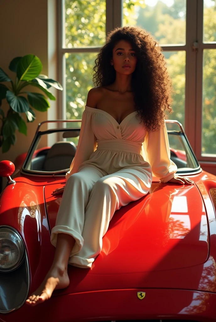 (photorealism:1.2), beautiful brown skin woman, sitting on a Ferrari with me, wearing loose off-shoulder top, pajama pants, long curly hair, indoors, soft lighting, plants in background, window with sunlight, cozy room, relaxed pose, realistic, intricate details, warm colors, by Greg Rutkowski, by Alphonse Mucha