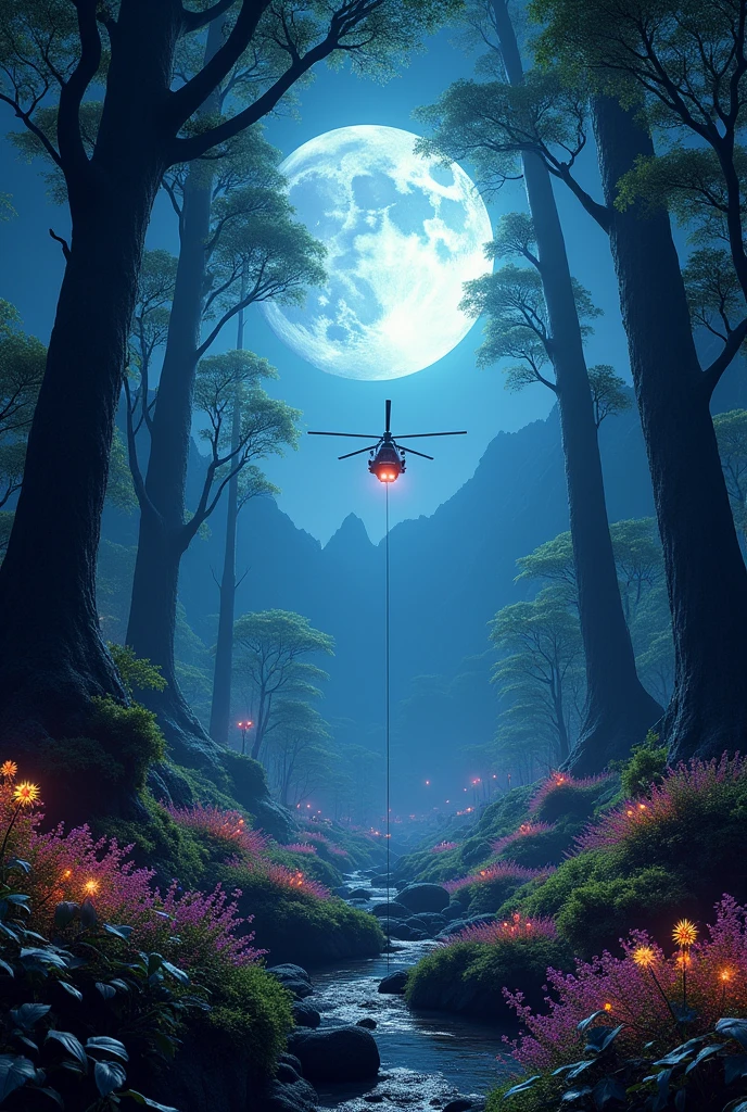 A vast forest seen from an aerial perspective, with colossal trees standing majestically under the light of the full moon. The iridescent vegetation shines with vibrant hues, while the flora emits strong bioluminescence, creating a magical and surreal atmosphere. In the distance, the mountains loom in the moonlight. A futuristic helicopter flies over at low altitude, illuminating the treetops with its soft light. The image must be in high resolution 8K HDR, with ultra-fine details that capture the essence of a nighttime environment full of life and mystery.