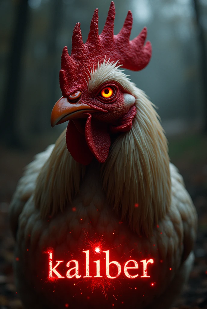 Fire red eyed chicken non realistic with a bullet going through the word kaliber below it
