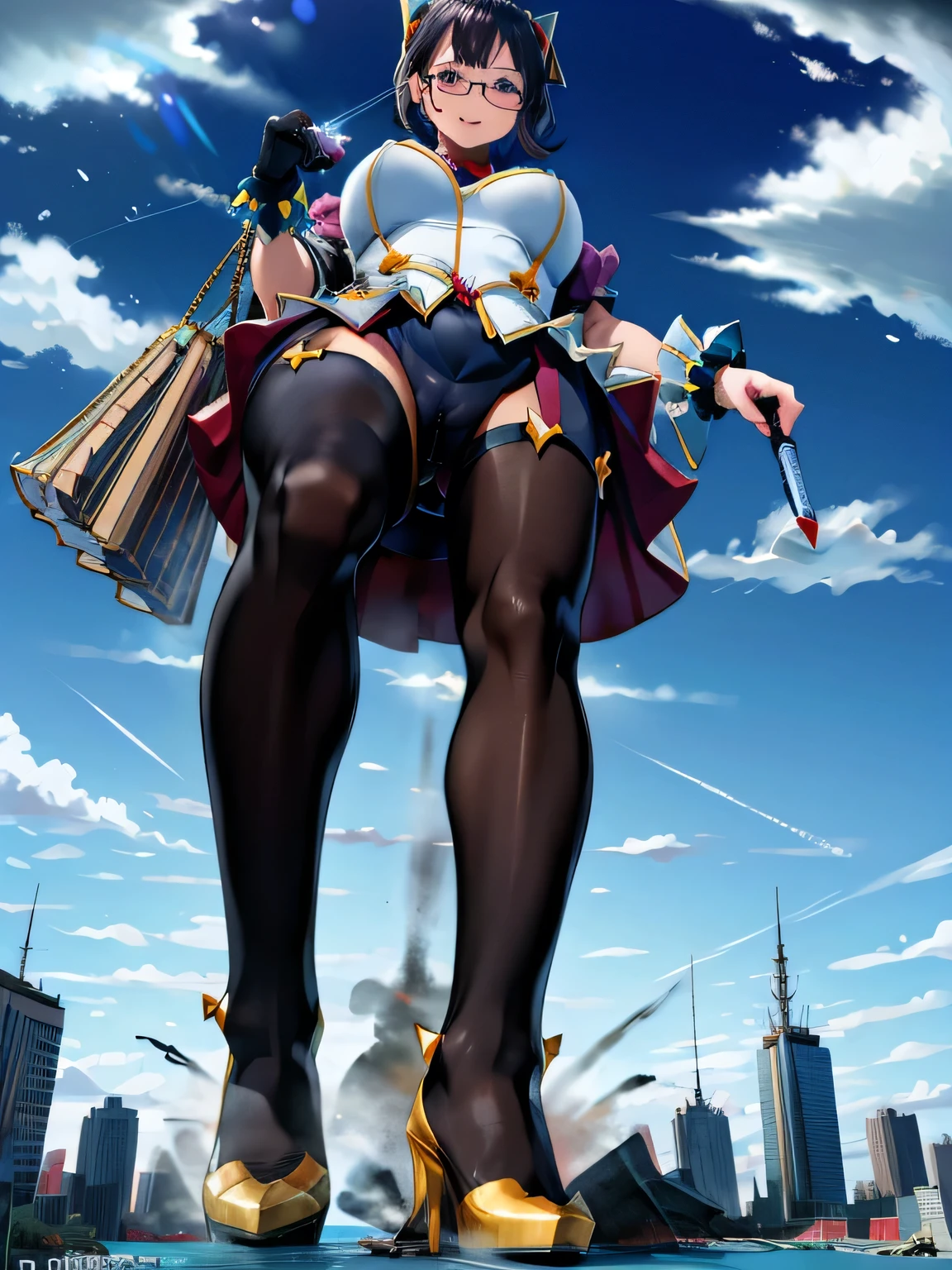 multiple girls, 3girls, standing, giantess art, highly detailed giantess shots, giantess, most detailed, perfect face, Two legs, Five fingers, short hair, A beautiful girl who is bigger than a skyscraper, Wearing rimless glasses, smile, huge breasts, magical girl dress, bow, magical girl, holding a magical wand, black pantyhose, stiletto heels, thunderbolt from a magical wand, seaside metropolis, numerous miniature warships on the sea, Destroying cities, Under heavy attack, A very small big city, Miniature metropolis, Full body description, GTS, giga giantess, gigagts, stomping city, crash city, tiny city, micro city, pantyhose feet, High resolution, highest quality, masterpiece, 