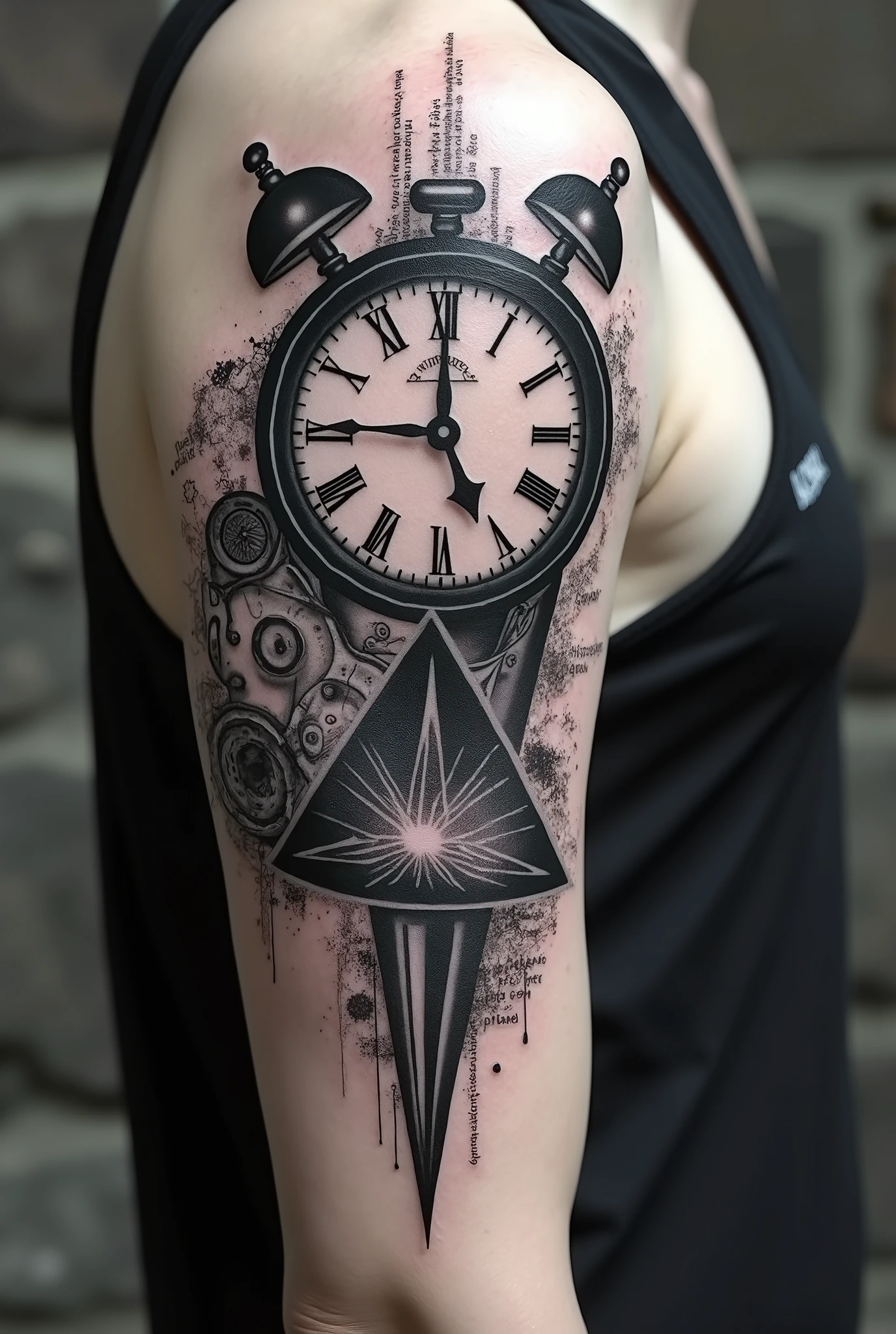 create a tattoo with the song time by pink floyd for the outer side of the biceps black and white tattoo