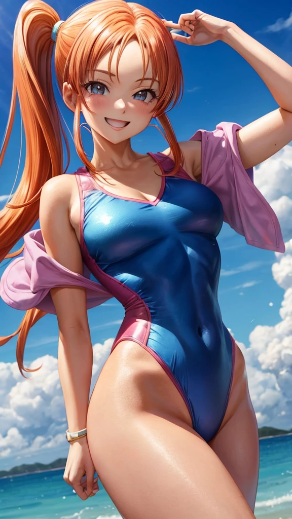 Jessica Albert (Dragon Quest), Jessica Albert, 1 woman, pink high leg leotard swimsuit with v neck, short pigtails, orange hair showing on forehead, beautiful, masterpiece, best quality, smiling face, looks in the eye of the beholder, 