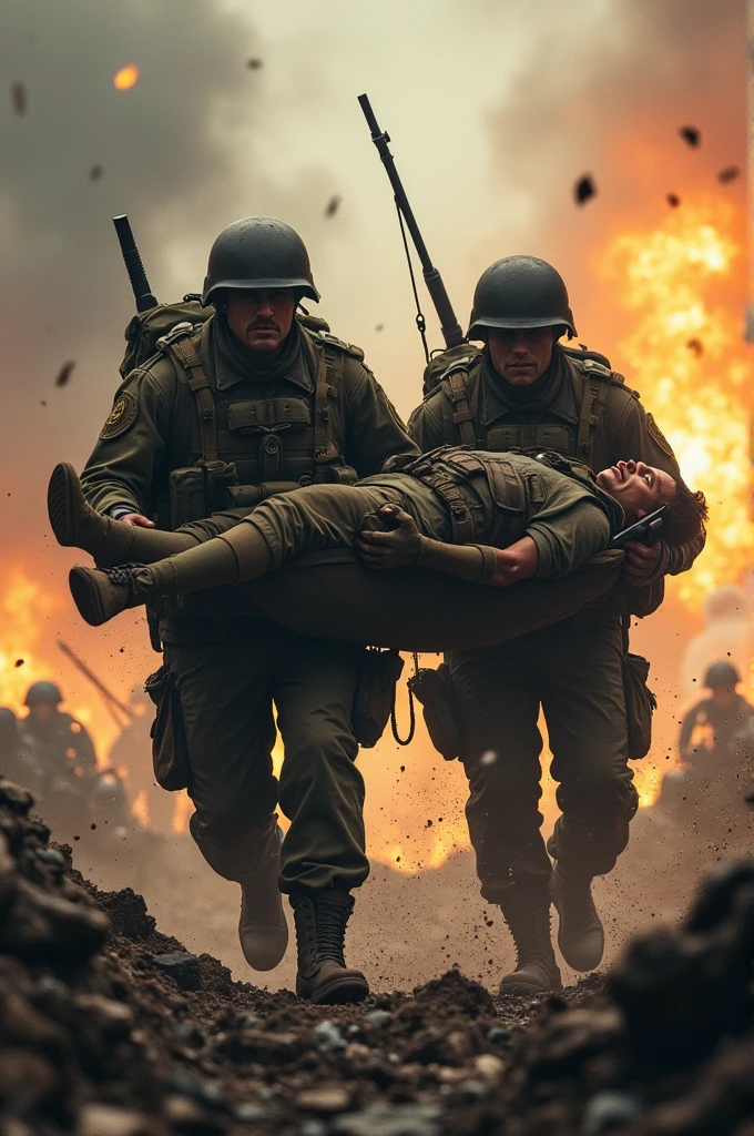 two soldiers carrying wounded soldier on strechers under artillery bombardment