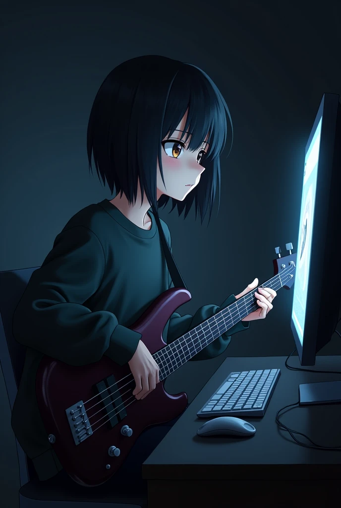 dark,with very short straight hair, bass guitar, Brown eyes, wearing sweatshirt,anime version,playing on the computer,listening to music,NO GUITAR AND NO GUITAR