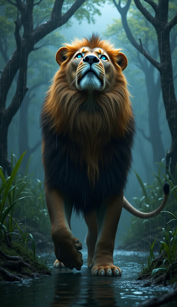Create an ultra realistic 8k image of a big and beautiful strong lion with blue eyes looking at the sky, raining, in a swamp, the night