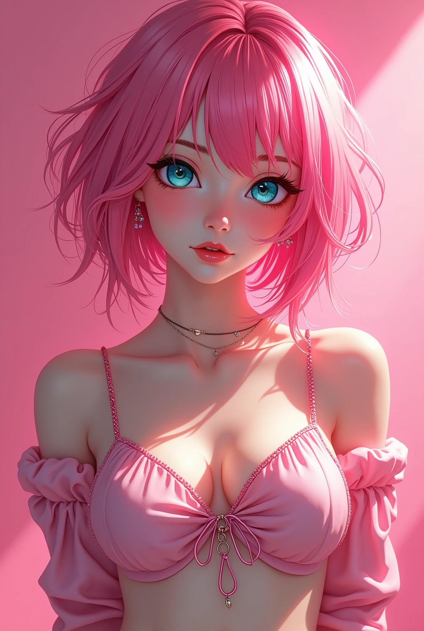 detailed aqua eyes, pink hair, (aqua eyes), Official art, Unity 8k Wallpaper, Ultra-detail, Beautiful and aesthetic, masterpiece, Best Quality, 1girl, big tits, Extremely detailed, elegant, vivd color, romanticism, arms behind back, street fashion, shiny skin, sexy pose, ((pink background)), heavy blushing, upper body, straight on, (cleavage), funky graphic design, (((anime style))), portrait,