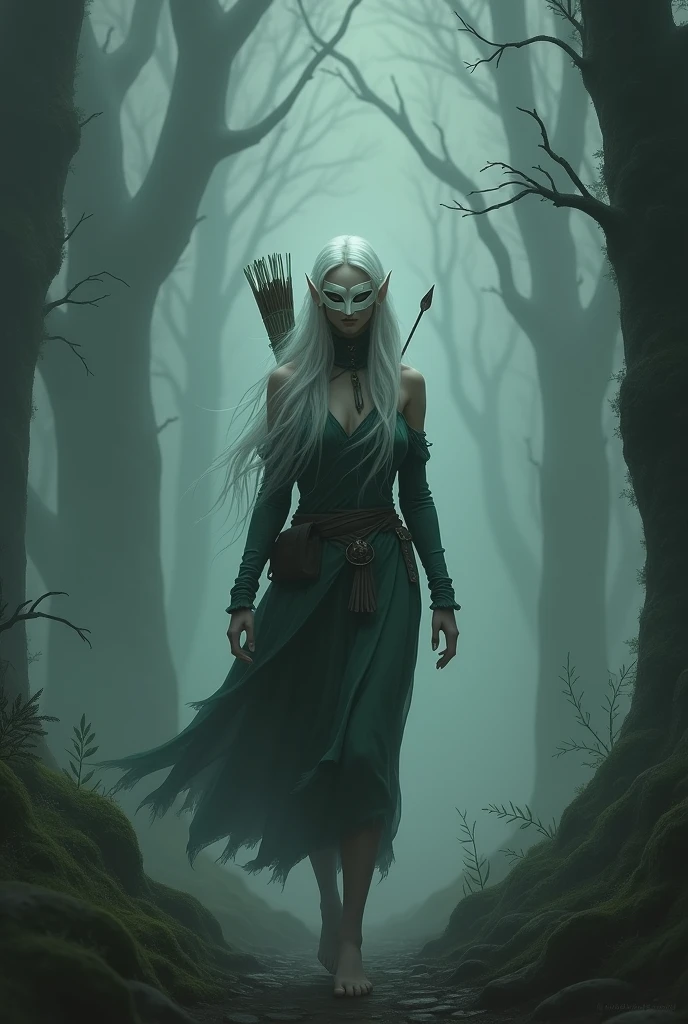 slender elf, with wavy white hair, face covered by a simple, straight mask made of white and green wood, in huntress clothes, walking through a dark, foggy forest, with a bow on the back