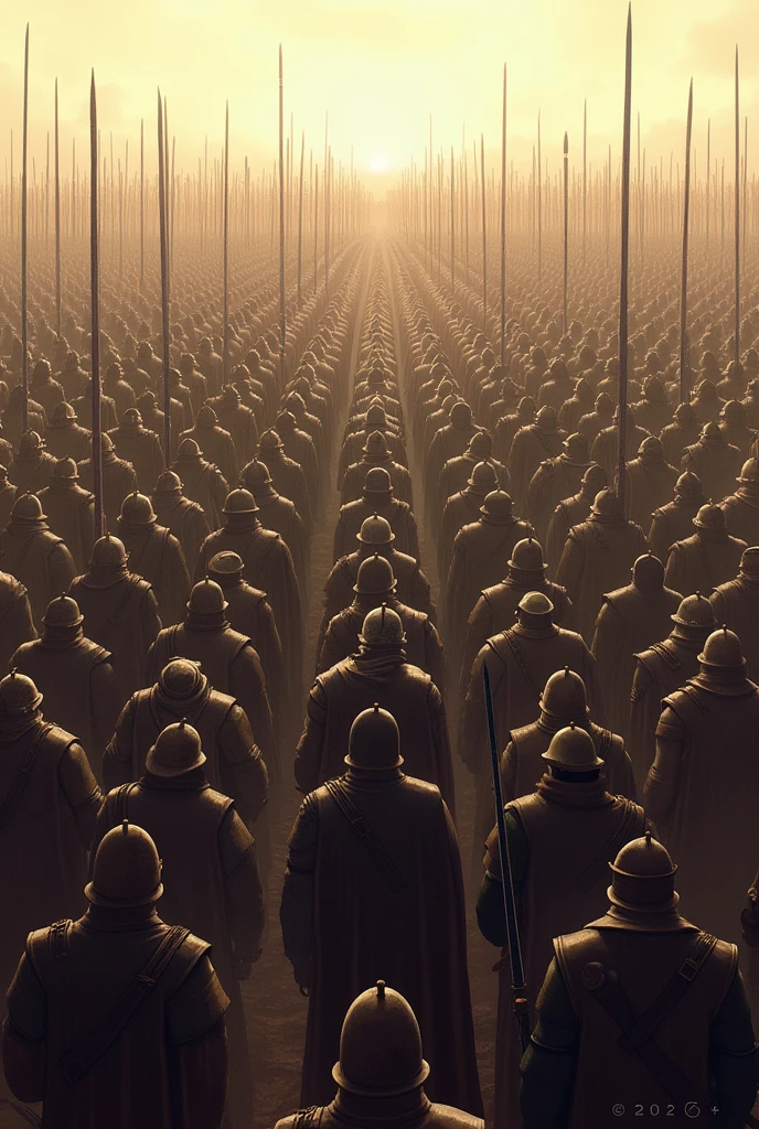 A powerful army with a million men. All with swords and shields in their hands 